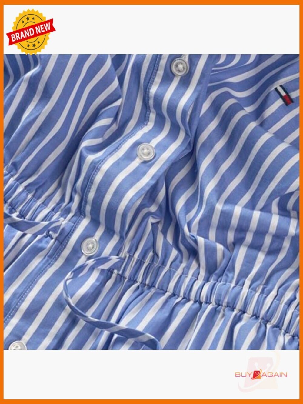 Mini Stripe Casual Shirt Dress A-line Cotton Poplin Blue - Picture 5 of 5